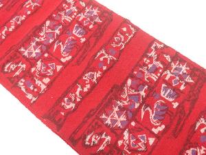 アンティーク　手織り紬　抽象鳥模様織り出し名古屋帯(着用可)